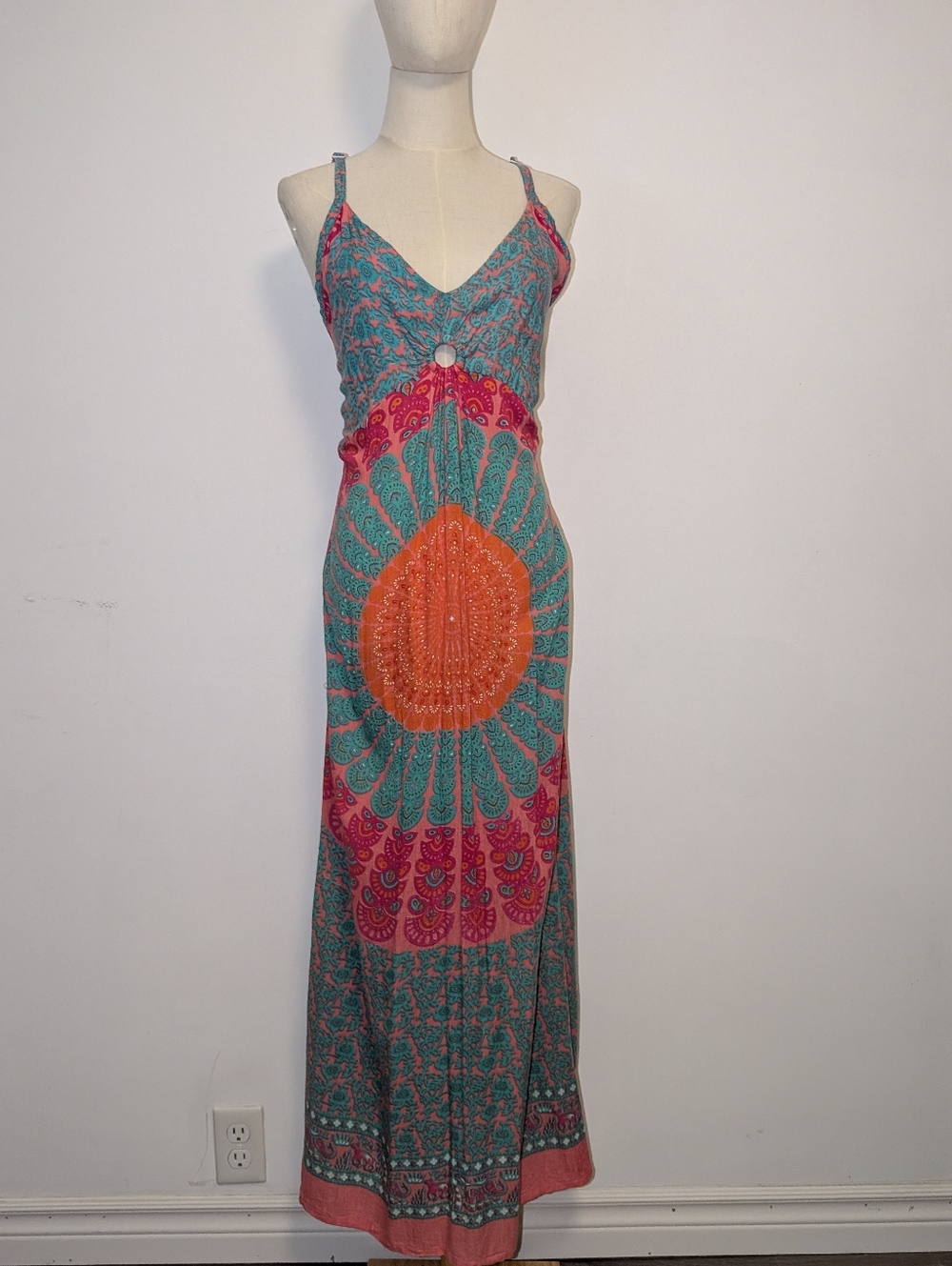 Sleeveless V-Neck Turquoise & Orange Maxi Dress